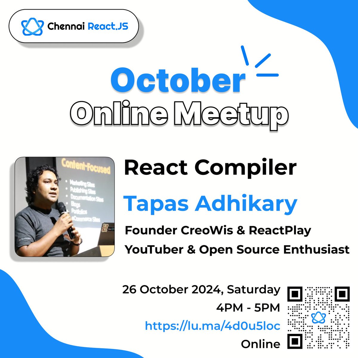 Join us for <a href="/chennaireact/">Chennai React</a>'s first online meetup where the amazing <a href="/tapasadhikary/">Tapas Adhikary | tapaScript</a> will dive deep into the React Compiler—a topic that's set to shape the future of React development. 

🗓 Saturday, Oct 26
🕓 4 - 5 PM

Register here 👉 lu.ma/4d0u5loc

See you all there! 🙌