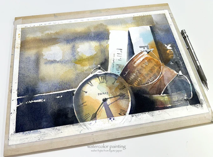 はい完成。時計と本と空き缶と。#Watercolor #水彩画 #透明水彩 #京都水彩画塾  #水彩画ワークショップ  #水彩画教室  #京都の絵画教室  #京都 #藤田わへい 