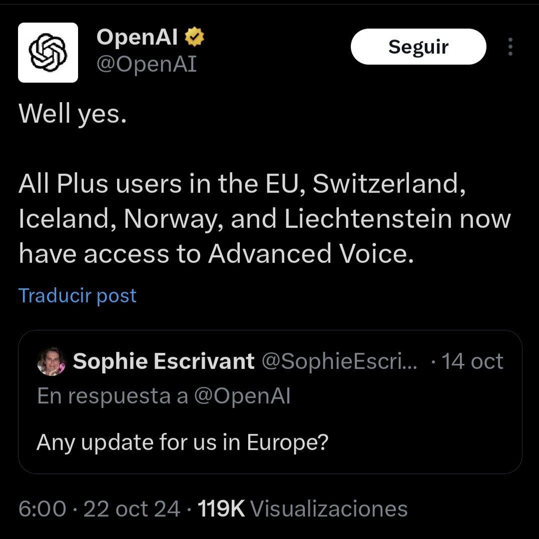 vicentgadea's tweet image. 🆕🔥 ¡𝗡𝗲𝘄! 𝗖𝗵𝗮𝘁𝗚𝗣𝗧 𝗰𝗼𝗻 𝘃𝗼𝘇 𝗹𝗹𝗲𝗴𝗮 𝗮 𝗘𝘂𝗿𝗼𝗽𝗮 🎙️

¡El modo Advanced Voice ya está disponible para usuarios Plus! Conversaciones más naturales, con personalización y en tu lengua. 

 ¿Qué voz has elegido tú? 🗣️

¡A jugar! 🚀

#IA #ChatGPT #AdvancedVoice