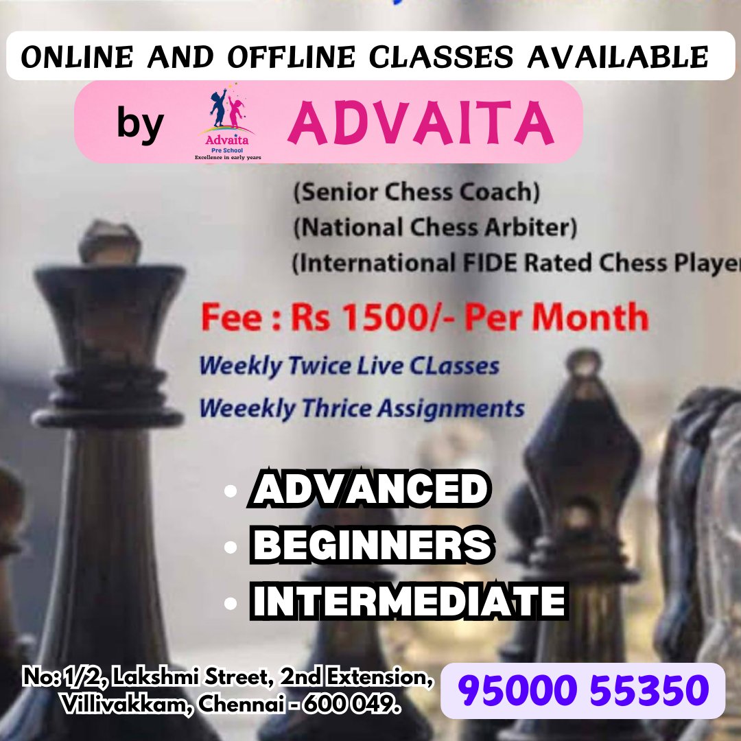 AdvaitaAca9630's tweet image. &quot;Unlock your child&apos;s potential with the game of kings! 🏰 Join our chess classes at Advaita Preschool!&quot;
#AdvaitaPreschool
#ChessForKids
#ChessClasses
#FutureChampions
#LearningThroughPlay
#MindGames
#ChessEducation
#PreschoolActivities