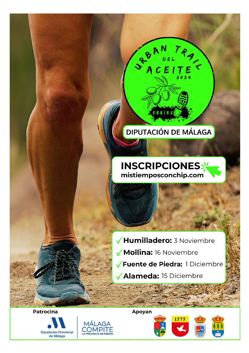 DeportesDipMlg's tweet image. 🏃🏻‍♂️🏃‍♀️ La primera de la 4 carreras de trail running "Urban Trail del Aceite 2024 Series Diputación de Málaga" arranca en Humilladero el próximo domingo 3 de noviembre con 9,6 km
✍️ acortar.link/CwjImv

#MálagaCompite
#Humilladero #FuentedePiedra #Alameda #Mollina
#trailrunning