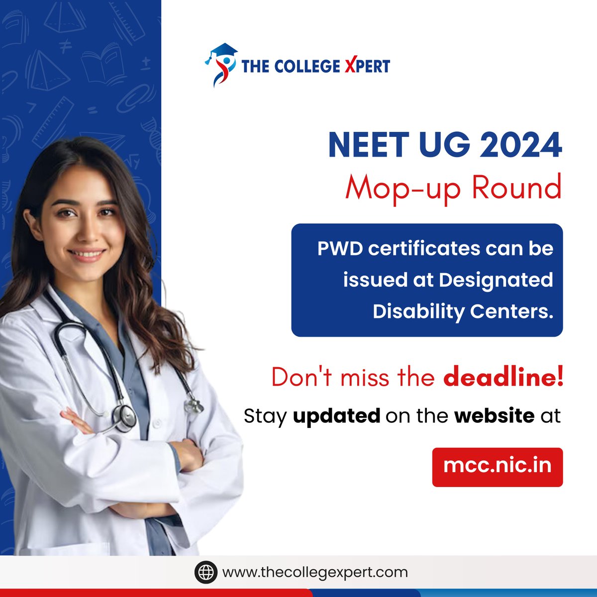 CollageXpert's tweet image. Final chance to secure your spot in NEET UG 2024! 📷 Make sure to get your PWD certificates from designated centers. Don't miss the deadline—stay updated on the official website! 📷

#NEET2024 #MopupRound #MedicalAdmissions #PWDcertificates #NEETUG #MedicalEntrance