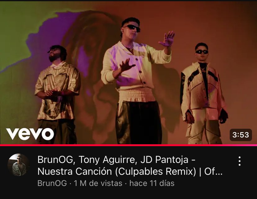 🚨| “Nuestra Canción Remix” 
de BrunOG X JD Pantoja X Tony Aguirre

Ya cuenta con más de 1 Millon de Views en YouTube ❤️‍🔥👀

youtu.be/1OWcZB7U-DU?si…