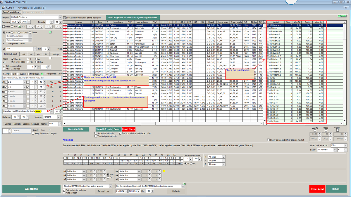 Cgmbet's tweet photo. The free addition of powerful features continues!

One day later than promised, but it was worth it.
The new super feature in AGS is ready to be tested by users.  Please report any unexpected results.
 
It can help to create complex trade plans based on a variable minute of the last goal scored. 
 
If 2-0 at HT, then 2-2 until 75 (the away team equalised in any minute between 46-75), 
What happened in the 15 (any number) minutes after the 2-2 goal?  

I am not sure, but I don't think other similar features exist on the market. :)

Thank you for your support!