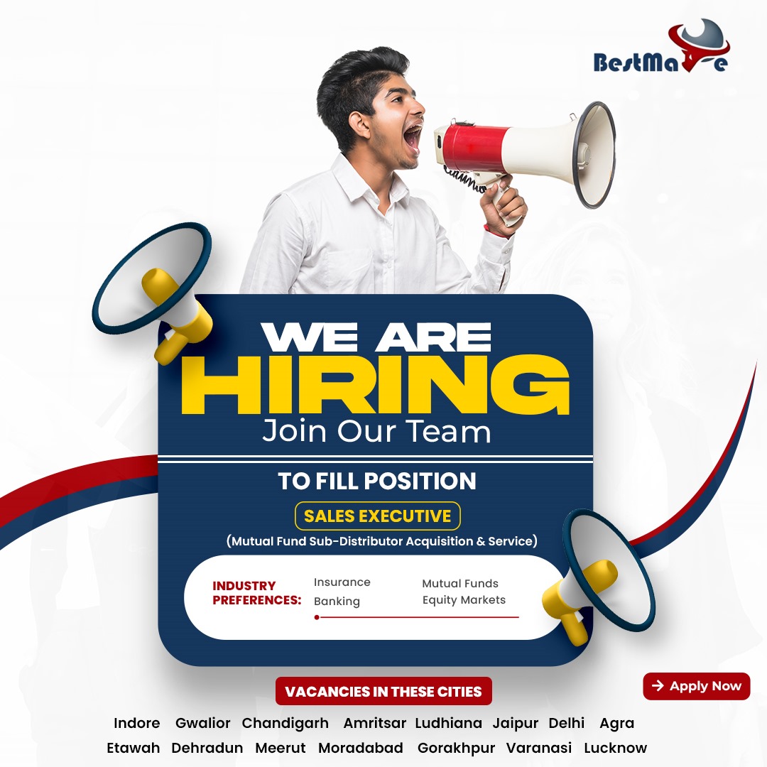 Bestmate_in's tweet photo. 🚨 We’re Hiring! 🚨
Join BESTMATE as a Sales Executive (Mutual Fund Sub-Distributor Acquisition &amp; Service).
Experience in Insurance, Banking, Mutual Funds, or Equity Markets preferred.
Vacancies in: Indore, Gwalior, Chandigarh, Amritsar, Ludhiana, Jaipur, Delhi, Agra, and more. https://t.co/DEcR1KJFf8