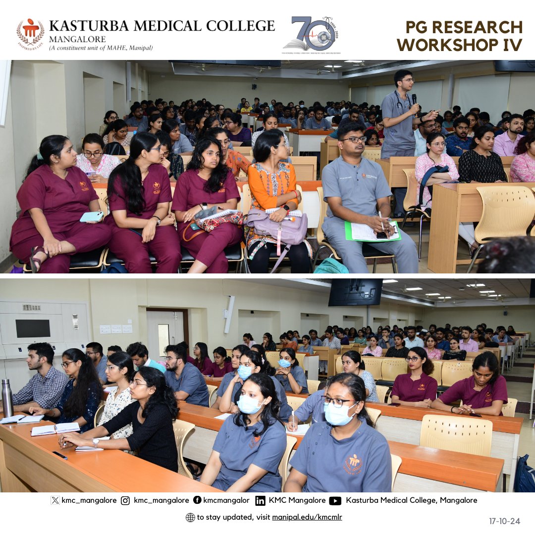 The PG Research Workshop-IV on Oct 17, organized by Research Cell &amp; PG Research Vertical, focused on "Publish or Perish: Ideas for Publishing." Dr. Archith Boloor presented on writing case reports, while Dr. Deepak Madi discussed review articles. Aimed at first-year PG students.