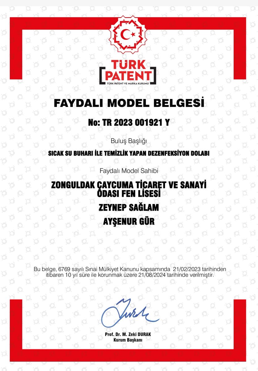 Çaycuma TSO Fen Lisesi olarak, Bilişim Teknolojileri öğretmeni Zeynep Sağlam danışmanlığında bir tasarım ve bir faydalı model tescilimizi başarıyla aldık. <a href="/ERTOPISMAIL/">İsmail Ertop</a> <a href="/caycumailcemem/">Çaycuma İlçe Milli Eğitim Müdürlüğü</a> <a href="/caycumakymkligi/">ÇAYCUMA KAYMAKAMLIĞI</a> <a href="/kartalayhan67/">AYHAN ALAGÖZ</a> <a href="/TURKPATENT/">Türk Patent ve Marka Kurumu</a>
