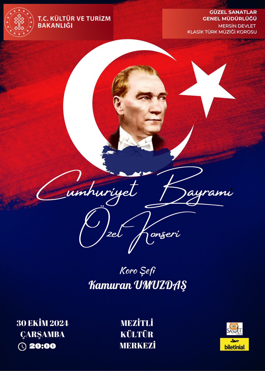 30 Ekim Çarşamba akşamı,
Cumhuriyetimizin 101. Yılını kutlama etkinlikleri kapsamında 
Mezitli Kültür Merkezi’nde
Koro Şefi Kamuran Umuzdaş yönetiminde gerçekleştirilecek konserimize tüm sanatseverleri bekleriz.

Biletler için :
biletinial.com/tr-tr/mekan/me…