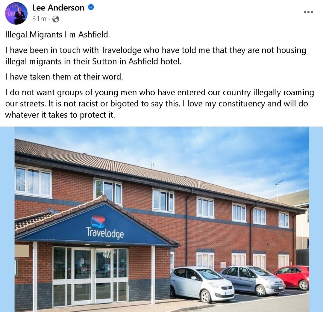 reformexposed's tweet photo. Imagine an MP telling you men will be roaming the streets near you?

Imagine then posting a photo of where he thought they were, a hotel?

Misinformation that could have led to people attacking this building.

Like that hotel in Rotherham.

Right @LeeAndersonMP_? https://t.co/fCkJSabdUK