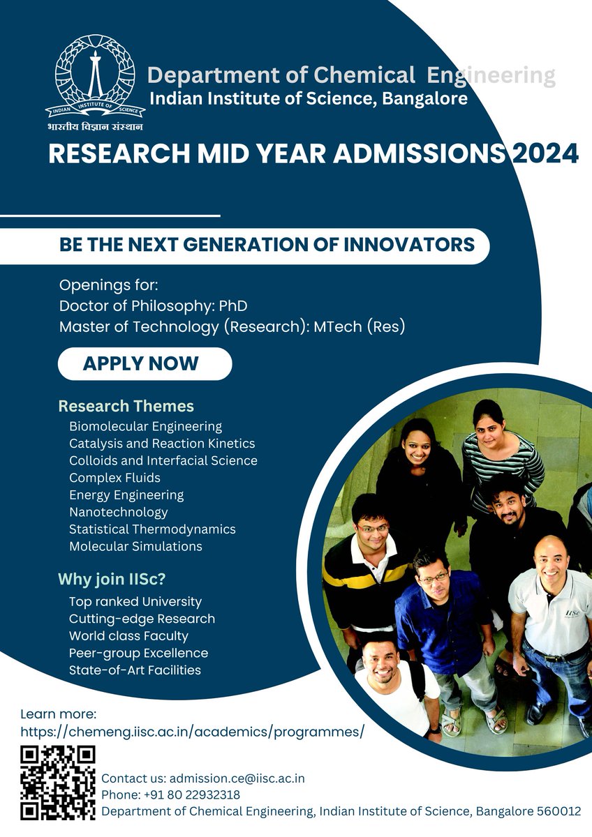 Chemical Engineering, IISc (@chemengiisc) on Twitter photo π¨ Deadline for Mid-year Ph.D. Admissions <a href="/chemengiisc/">Chemical Engineering, IISc</a>, Bangalore is 24th Oct!
Join our Q&A session on 23rd Oct, 4 PM to get all your queries answered.
π teams.microsoft.com/l/meetup-join/β¦
#PhDAdmissions #IISc π¨ Deadline for Mid-year Ph.D. Admissions <a href="/chemengiisc/">Chemical Engineering, IISc</a>, Bangalore is 24th Oct!
Join our Q&A session on 23rd Oct, 4 PM to get all your queries answered.
π teams.microsoft.com/l/meetup-join/β¦
#PhDAdmissions #IISc