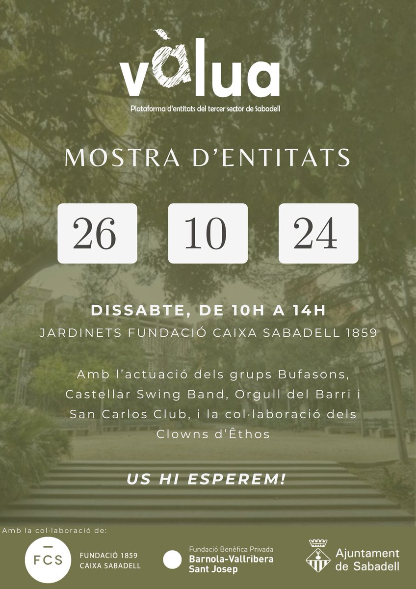 📢 #SBDambVàlua2024👇
 📅Dissabte 26 Oct
🕙 De les 10:00 fins a les 14:00
▶️ Jardins Fundació 1859 Caixa Sabadell 
📌 Mostra d'entitats📝