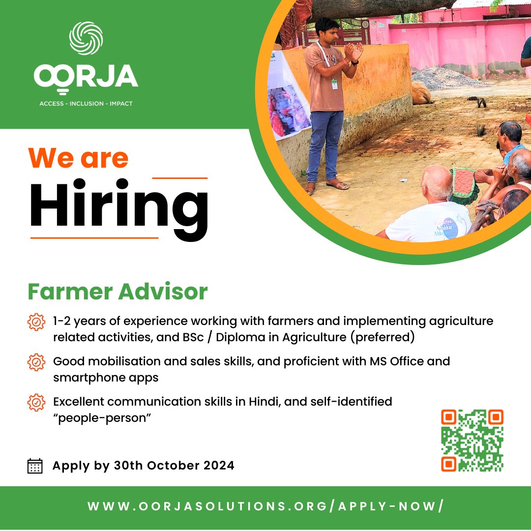 We're hiring a Farmer Advisor! 
Location: Bahraich, UP
Key responsibilities:
-Train farmers on climate-smart farming
-Promote crop diversification &amp; soil health testing etc.

Full JD: tinyurl.com/4k8kp27w
Apply by 30th Oct: oorjasolutions.org/apply-now