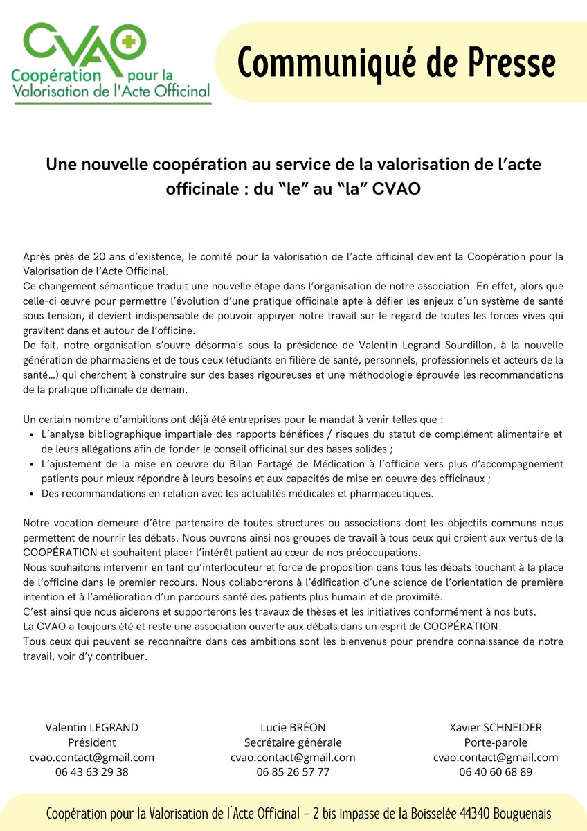 📢Notre association change de nom et devient la Coopération pour la Valorisation de l’Acte Officinal
🫂Ce changement marque une volonté d’ouverture et de collaboration avec l’ensemble des acteurs du secteur de la santé
⬇️