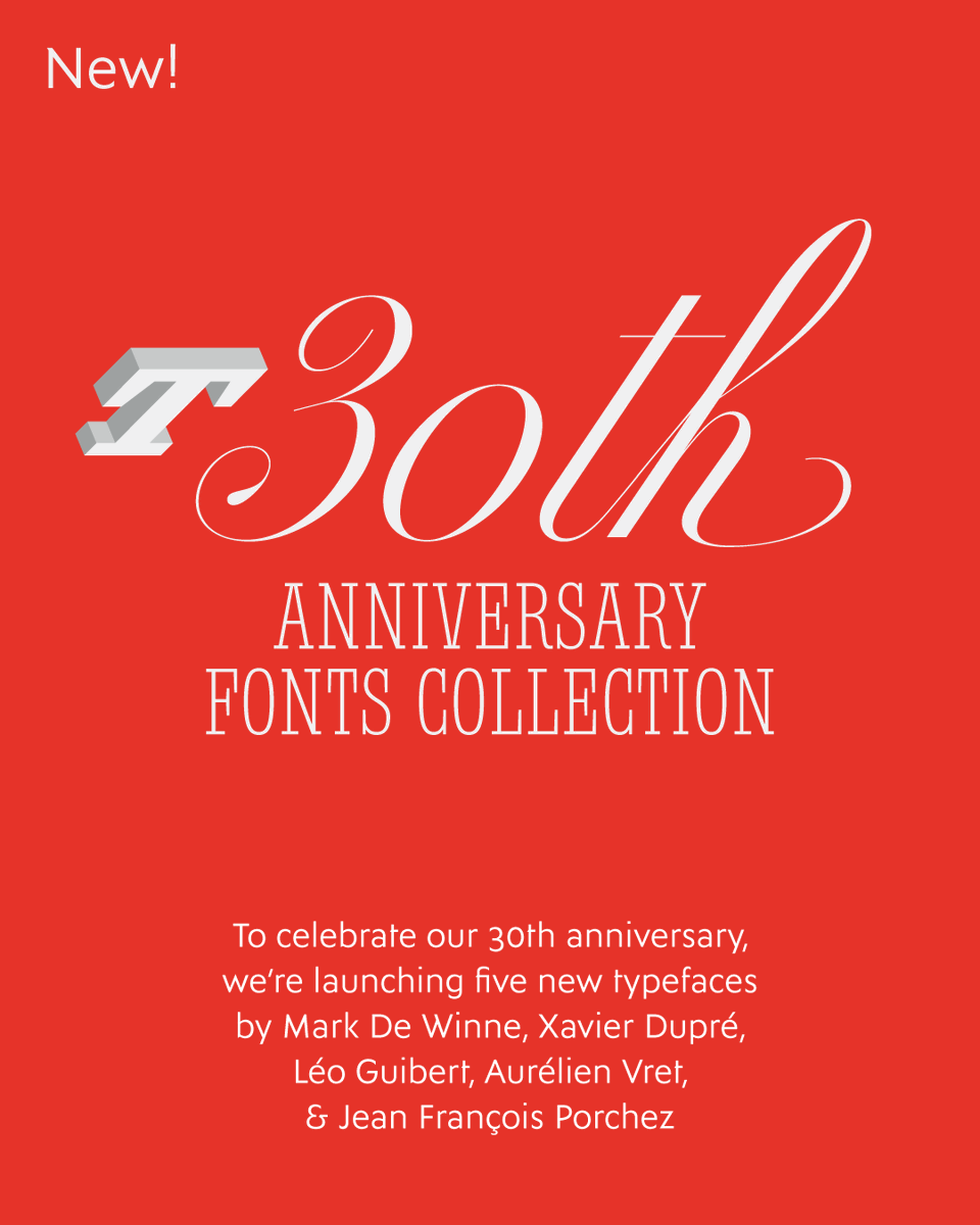 typofonderie's tweet photo. The Typofonderie adventure began in October 1994. To commemorate these 30 years, we are delighted to present you five new designs by Mark De Winne, Xavier Dupré, Léo Guibert, Aurélien Vret, and Jean François Porchez.

➽ https://t.co/eNmFfQO7rj https://t.co/lZ5mPLUDBV