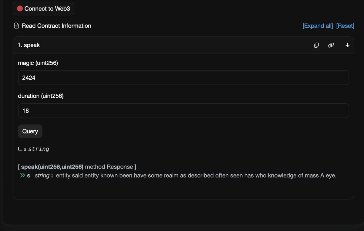wanna see some very simplistic "ai" running onchain today

here's a contract you can run to get semi-coherent phrases, all entirely running on eth mainnet