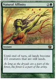 VVilleVillain's tweet photo. @BudgetCommander I don't have the deck anymore (Though I do want to build him as PrEDH) but Natural Affinity in response to a boardwipe in Sel Kuar is evil. Everyone's lands get destroyed, but mine become 3/1s with haste. Even better with Mikaeus out. https://t.co/ijHYmFV998