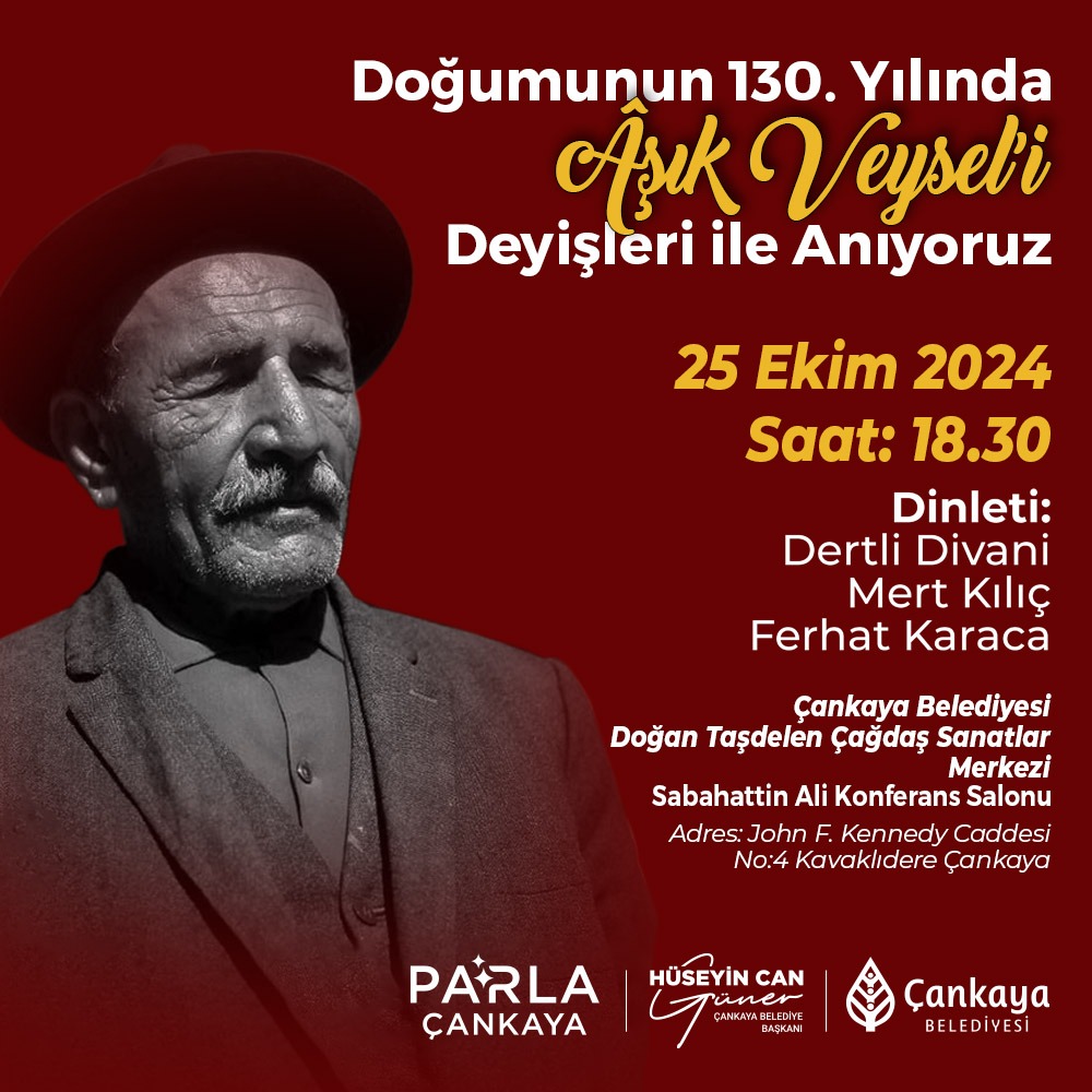 cankayaks's tweet image. 🎶Âşık Veysel’i Doğumunun 130. Yılında Deyişleriyle Anıyoruz!

Ozanımızın unutulmaz deyişleri, gönüllere hitap edecek bu anlamlı akşamda yankılanacak.

🎤
Dertli Divani
Mert Kılıç
Ferhat Karaca

#çankayakültürsanat #deyiş #AşıkVeysel #ankara #kültür