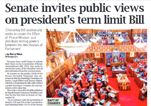 MzalendoWatch's tweet photo. Kenyans have until Friday to submit their views on the Constitution of Kenya (Amendment) Bill, 2024, that seeks to extend the terms of the President and all elected leaders from five to seven years. via: @PeopleDailyKe 
Link: https://t.co/0UcdDBfuwW https://t.co/DM2RGoC8P7