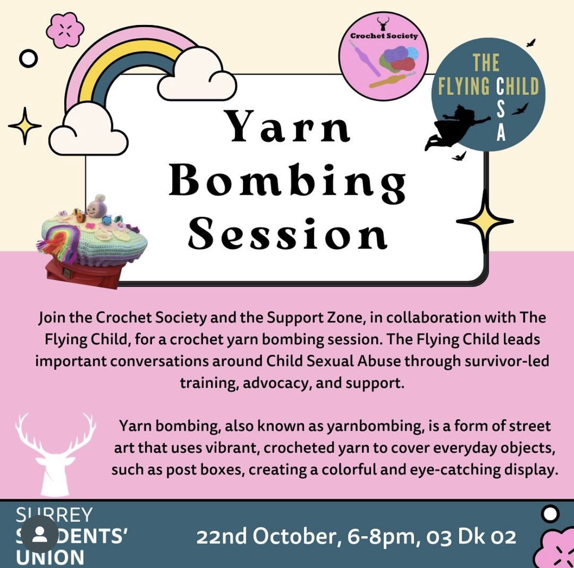 Really looking forward to going on campus for our first yarn bombing session. We will be talking about where and how we use our street art to raise awareness of CSA, and to get the community talking about a subject that usually gets brushed under the carpet. Once we’ve yarn