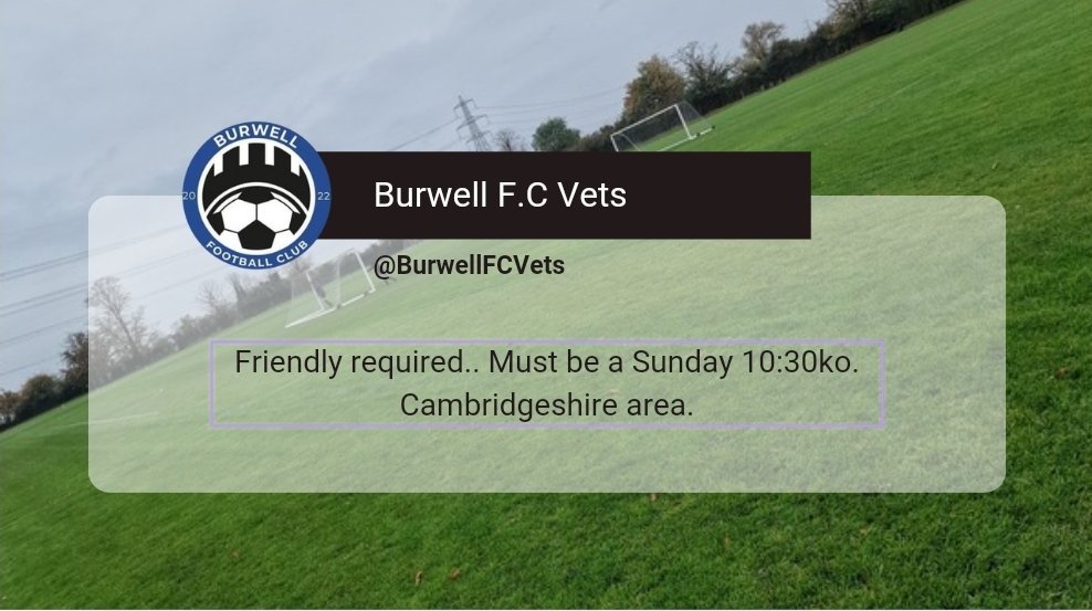 Friendlies needed.. get in touch!
<a href="/CambsFA/">Cambridgeshire FA</a> #Vetsfootball #gameneeded <a href="/fffinderuk/">football Friendly finder</a> #matchneeded <a href="/FRIENDLYGAMEUK/">Friendly Game</a>