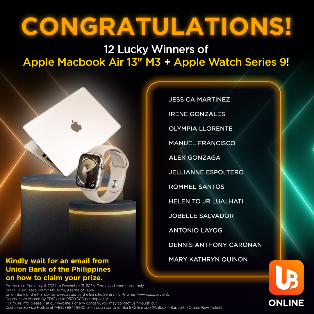 unionbankph's tweet photo. Congratulations to the 1st Batch of winners of UnionBank’s Tech Twins Giveaway Promo! Kindly wait for the email / postal mail from a UnionBank representative to know how to redeem the prize. https://t.co/cdEYcDgutr
