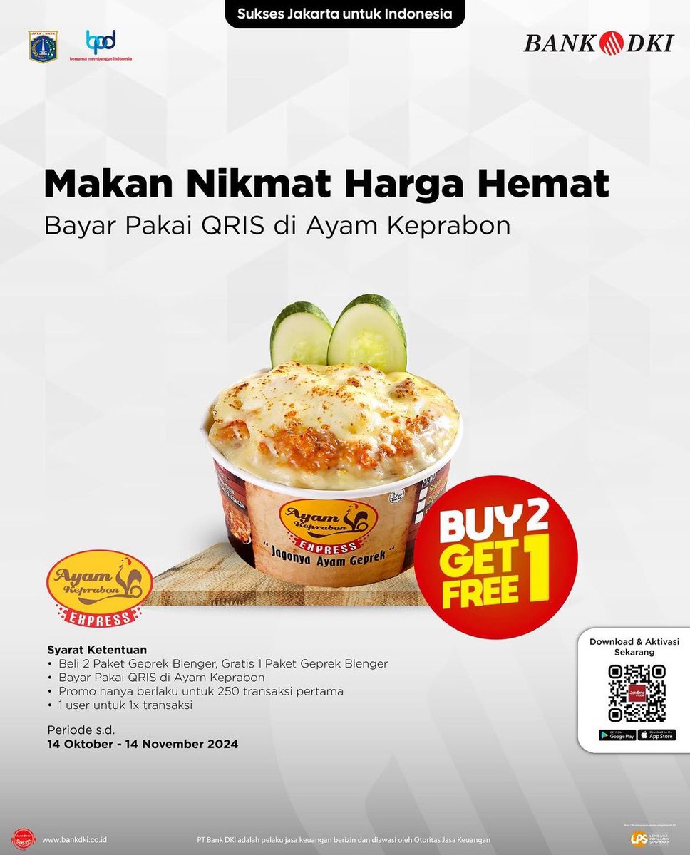 Makan Nikmat, Harga Hemat! Beli 2 paket Ayam Geprek Blenger, GRATIS 1 paket Ayam Geprek Blenger di Ayam Keprabon! Bayar pakai Scan QRIS, gampang dan praktis! #PromoMakan #AyamKeprabon #QRIS #CashlessLiving #DiskonMakan #JagonyaAyamGeprek
