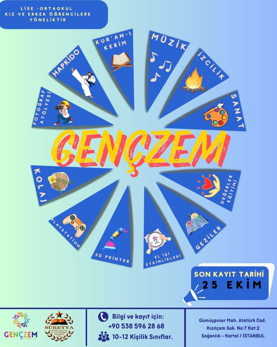 GENÇZEM Yeni Dönem Kayıtlarımız Başladı! 
GENÇZEM Çalışmamız;
👥 Ortaokul ve lise öğrencilerine yönelik, 
🏫 10-12 kişilik butik sınıflarda, 
🧩 P4c teknikleriyle hazırlanmış,
📑 Alışılmışın dışında bir müfredat ile
🕐 Cumartesi günleri, 
📍SüreyyaDer'de gerçekleştirilmektedir.