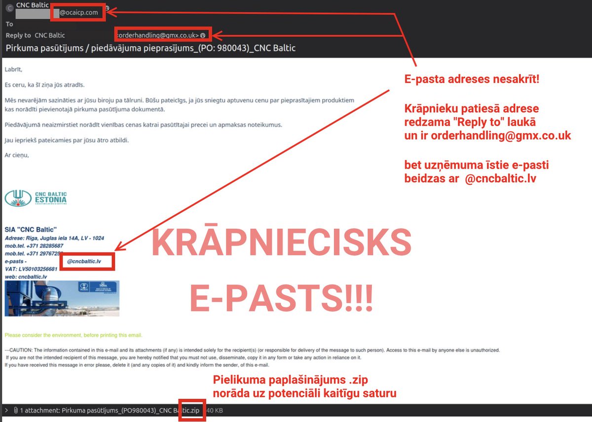 Krāpnieki, uzdodoties par uzņēmuma pārstāvi, izsūta viltus e-pastus, kas pielikumā satur arhīva (.zip) datni ar Lokibot vīrusu lietotājvārdu, paroļu u.c. iegūšanai. Pievēršam uzmanību sūtītāja adresei un “Reply to” laukam, kā arī neveram vaļā pielikumus ar .zip, .rar, .iso, .exe