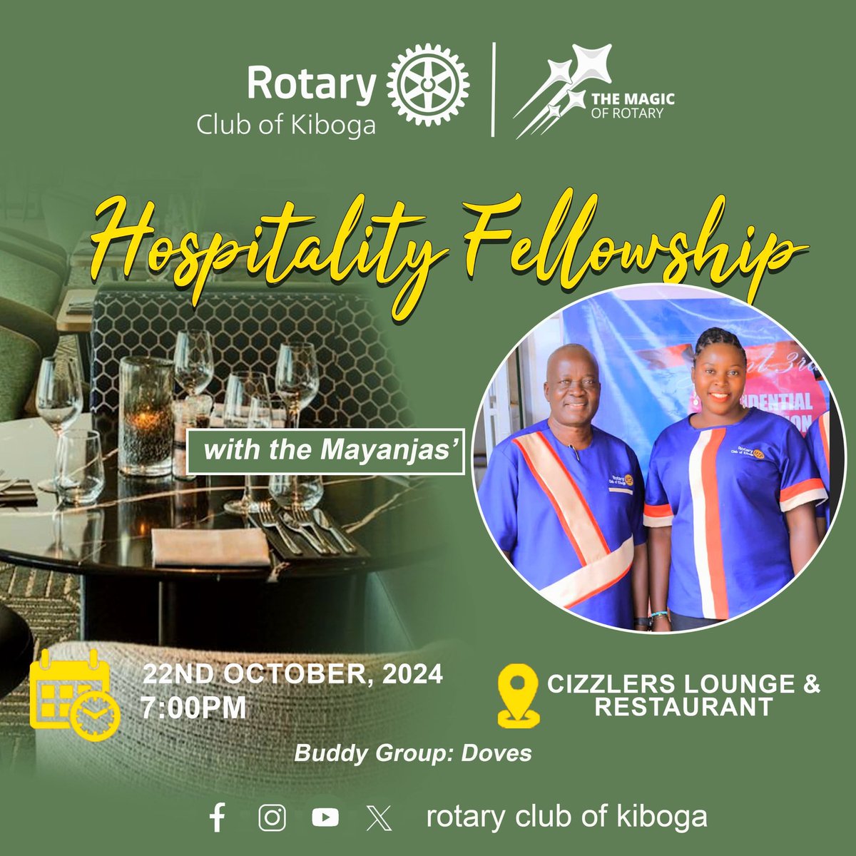 This Tuesday we're being hosted by the MAYANJAS' at Cizzlers lounge and restaurant. 
    Say no more,its all sorted.Just come ready to enjoy..🥰🎊🎉🥂🍔🍻🍾🕺💃
      Time: 7:00 PM
       Venue :📍CIZZLERS LOUNGE AND RESTAURANT.