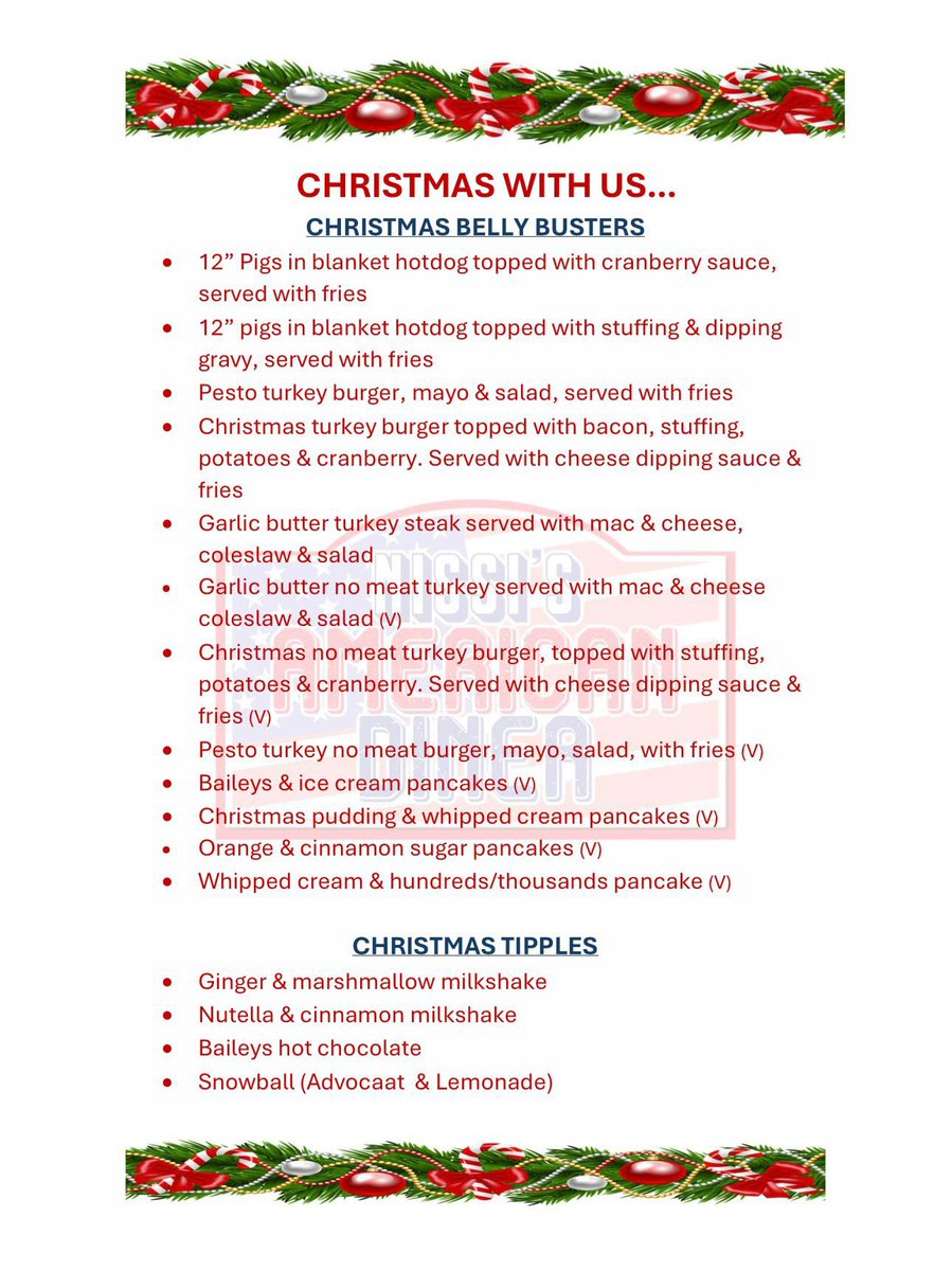 Our Christmas menu is available from 20th November &amp; will run alongside our current menu.
Christmas, birthdays &amp; team parties welcome, message to book 🇺🇸

#christmasmenu 
#bellybusters 
#christmastipples
#nottingham