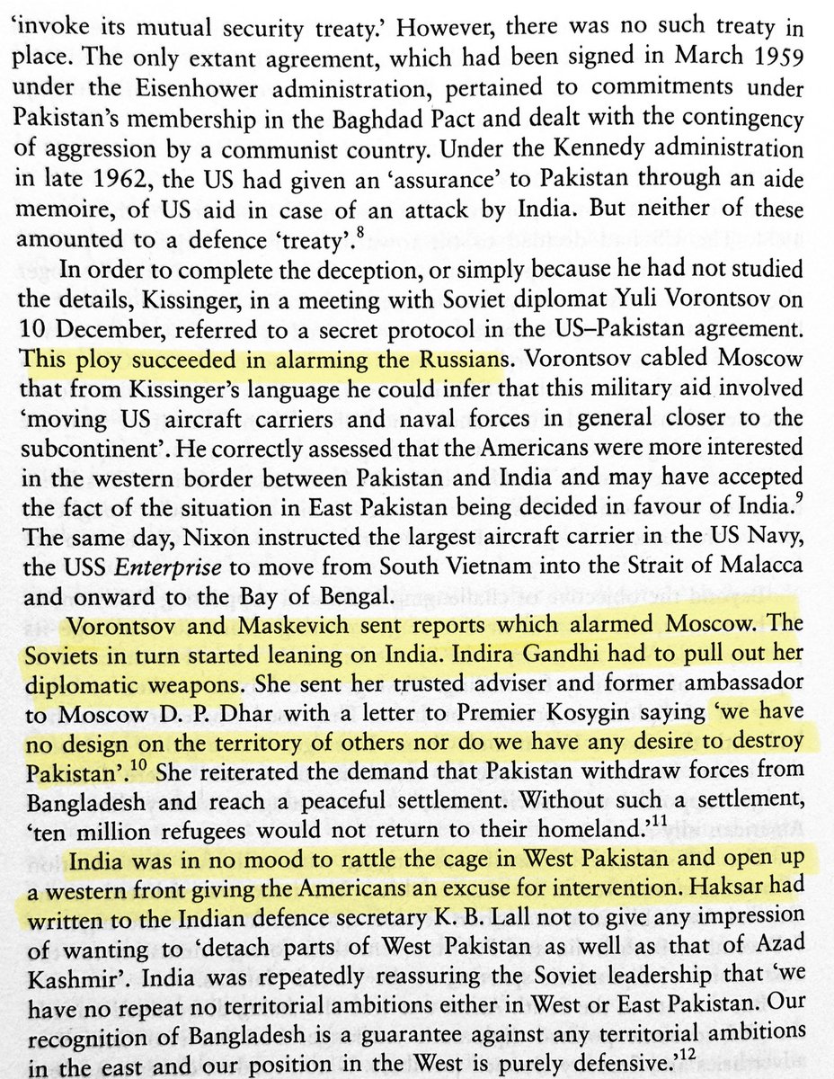 TheAbhilashG's tweet photo. @JhalaZalimSingh … esp given US moved Enterprise into Bat of Bengal.
4 Soviets pushed India on this, and we clarified that ‘we have no design on territory of others’.

India was in no mood to give US an excuse for intervention. (2/2) https://t.co/y3gaJ8WlAO