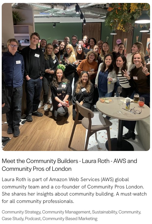 In my latest 'Meet the Community Builders' interview, I discuss all things #community with the brilliant <a href="/lauraroth/">Laura Roth</a> community leader at AWS and co-founder of Community Pros of London. A must-watch for experienced and new community builders. 
michellegoodall.co.uk/insights/meet-…
#Podcast #CMGR