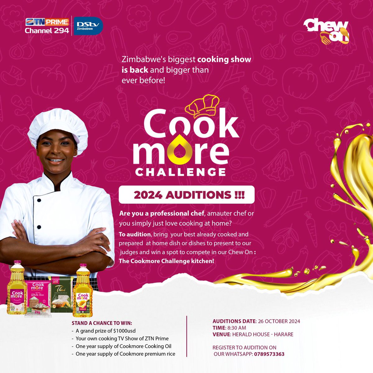 Good news! 

If you thought you missed the chance to register for the Cook More Chew On Challenge, there's still time! 

Auditions are now set for October 26 at Herald House, corner  2nd &amp; George Silinduka, from 08:30am 

 Don’t miss out! 🍽️