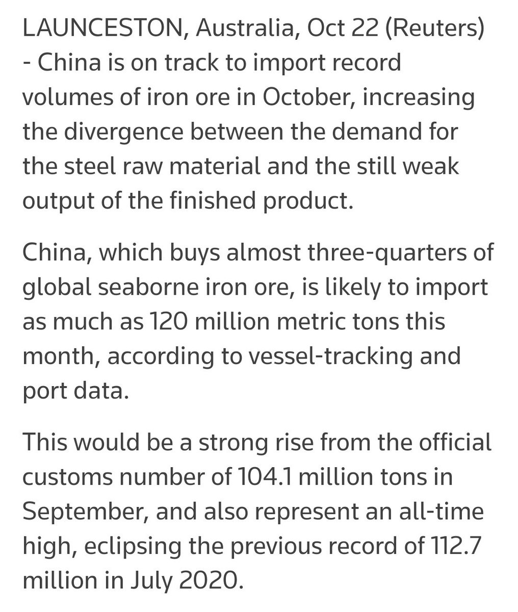 “China is on track to import record volumes of iron ore in October... 120m mt” 🫡