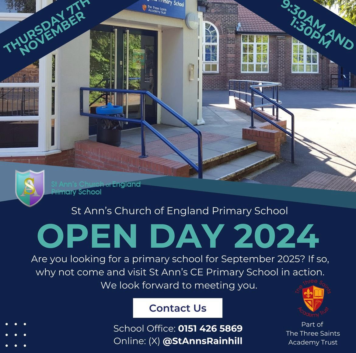 Is your child starting school in September 2025? 👧🏼🧒🏽👦🏻Come to our Open Day to find out if our school is right for you 💙💚 #TogetherWeAimHigh #WithGodsLoveWeCanFly #OpenDay  <a href="/the3saints/">The Three Saints Academy Trust</a> <a href="/NW_LP/">North West Learning Partnership</a>