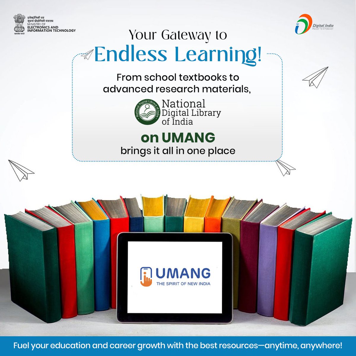 _DigitalIndia's tweet photo. Unlock knowledge with the National Digital Library on UMANG!
A one-stop resource for school and higher education, career growth, and research. Access millions of educational materials, right at your fingertips! Click to know more: https://t.co/1RcR0GQ69r
#NationalDigitalLibrary #DigitalLearning @UmangOfficial_
