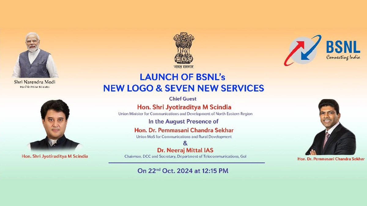 BSNL_GJ's tweet photo. #BSNL is set to unveil a new logo and introduce seven new services. The launch will be graced by the Hon'ble MoC Shri @JM_Scindia Ji, in the esteemed presence of the Hon'ble MoSC Shri @PemmasaniOnX and Secretary DoT Shri @neerajmittalias Ji.
@BSNLCorporate https://t.co/HrjlYD3JGo