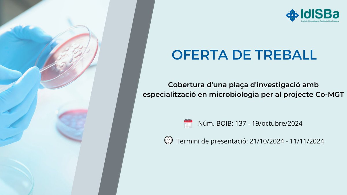 idisbaib's tweet photo. 🆕🆕#OfertadetreballIdISBa

Més informació 📎: https://t.co/q7bUIB7jfI https://t.co/jqZw9UBeNF