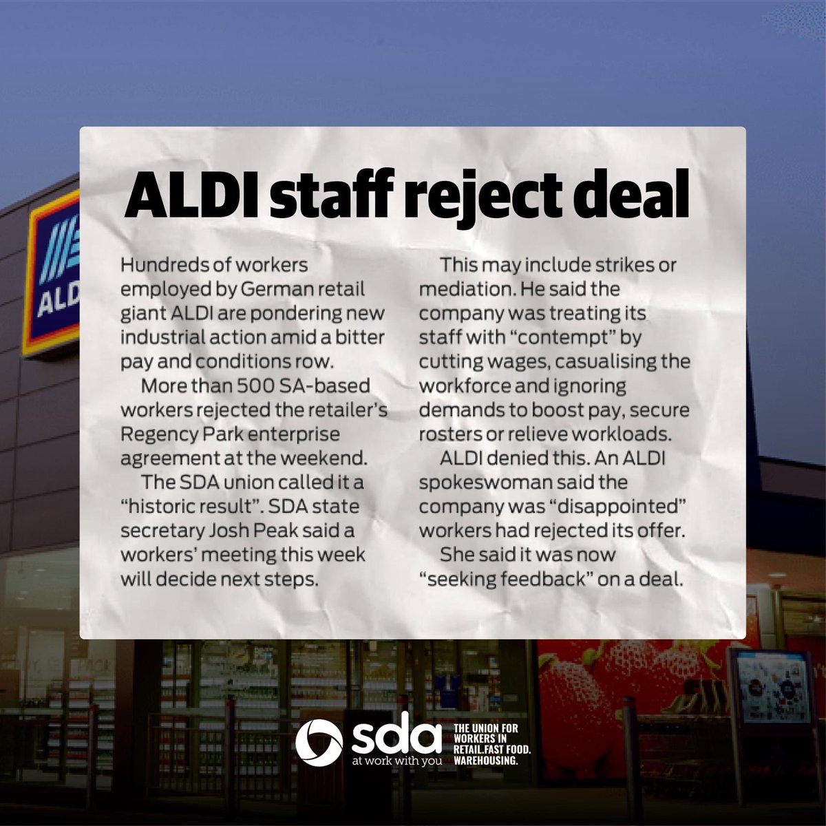 South Aussie Aldi workers have made history! Rejecting Aldi’s dodgy EA for a second time

Aldi offshores its profits, but won’t give its Aussie workers guaranteed payrises

Aldi is also seeking to cut the pay of new young workers

It’s not good enough. Aldi workers deserve better