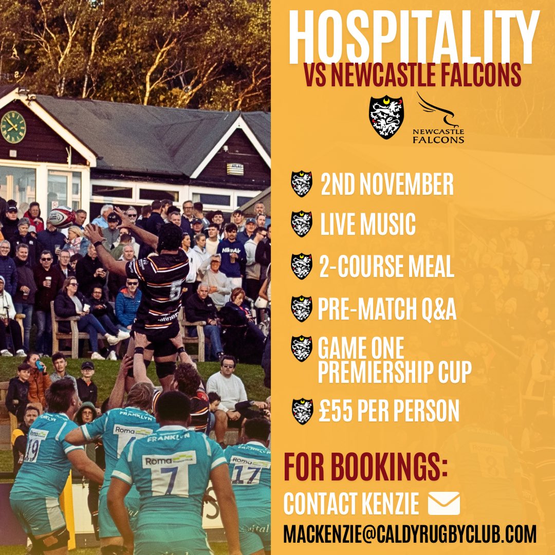 𝗙𝗮𝗹𝗰𝗼𝗻𝘀 𝗮𝘁 𝗣𝗮𝘁𝗼𝗻 𝗙𝗶𝗲𝗹𝗱 🦅 

<a href="/FalconsRugby/">Falconsrugby</a> come to Paton Field for the first time in our history on the 2nd November.
Individual/Full Table hospitality are available.

🏆 <a href="/premrugby/">PREM Rugby</a> Cup RD 1
⏰ 2PM KO
📍Paton Field, CH48 1NX
🎟️ caldyrugbyclub.com/match-tickets/

#Ravers
