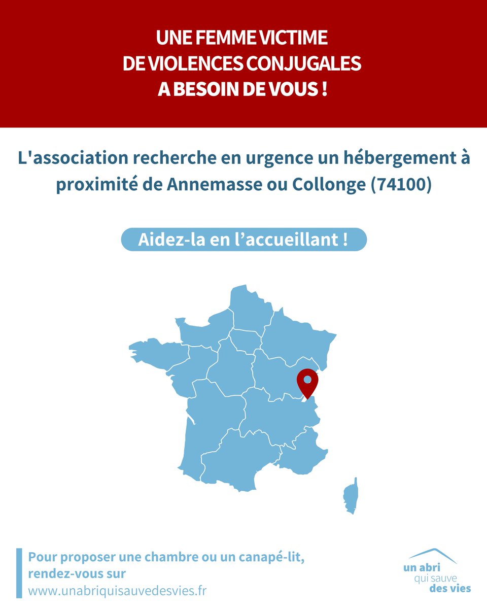 ⚠️ URGENCE #VIOLENCESCONJUGALES ⚠️

Un abri qui sauve des vies recherche un lieu sûr pour héberger en urgence une femme à proximité de #Annemasse ou #Collonges (74100)

Pour l’aider, vous pouvez l'accueillir.

La durée est déterminée selon vos disponibilités.

Merci de partager🙏
