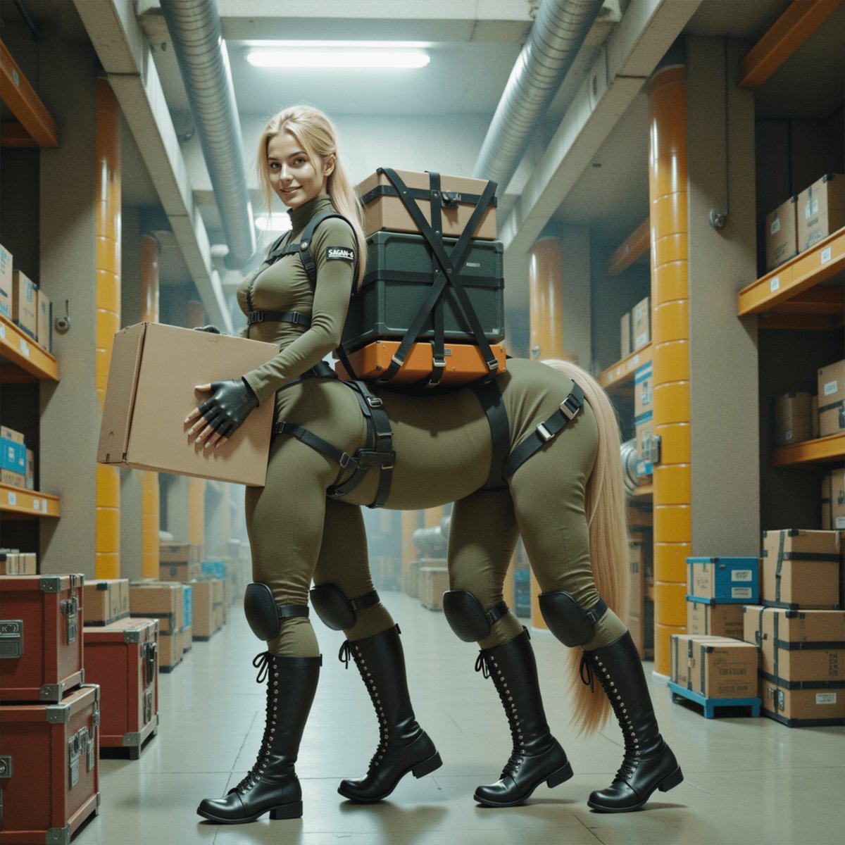 unstablediffuse's tweet photo. Oh, hey stranger. I don't think you're supposed to be here ... unless you're going to give me a hand delivering these parcels?

#aiart #photomanipulation #stablediffusion #extralegs #multileg #fourlegs #polydactyly #extrafingers #humantaur https://t.co/Sk6jLxnzLM