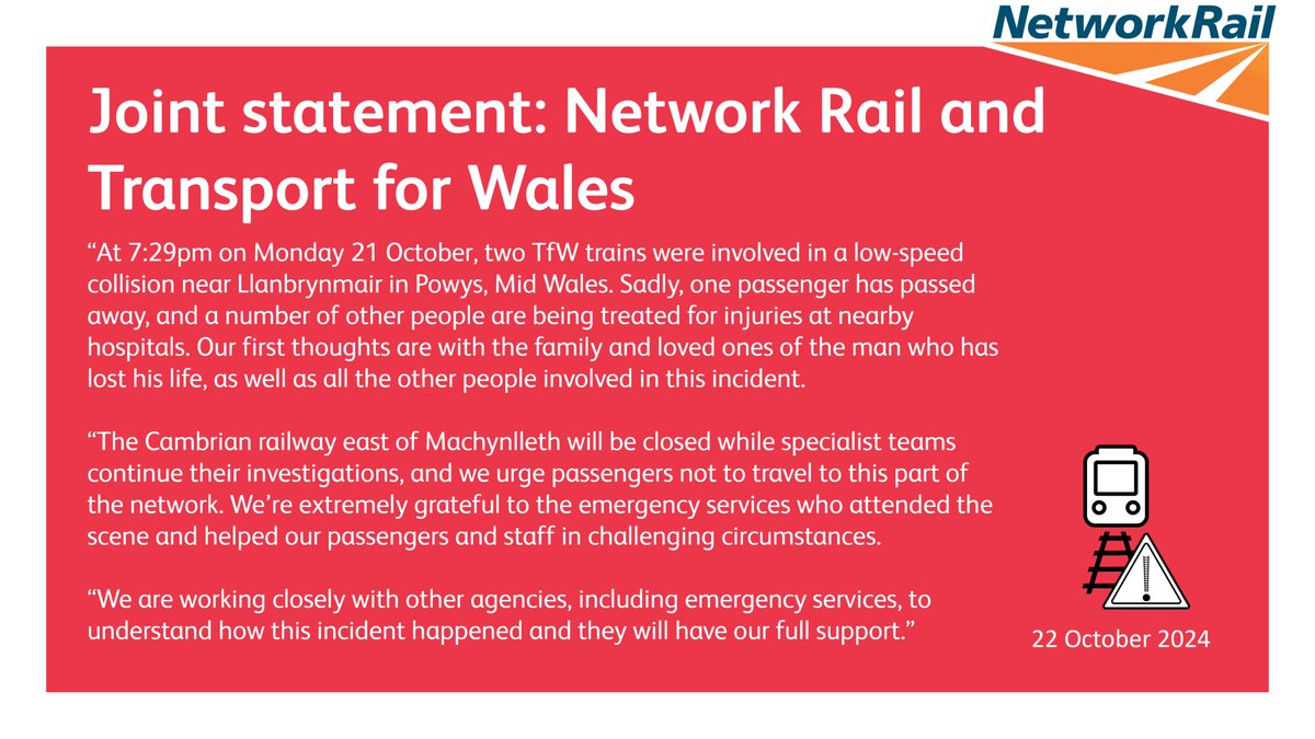Trafnidiaeth Cymru / Transport for Wales (@transport_wales) on Twitter photo An update from <a href="/NetworkRailWAL/">Wales & Borders // Cymru a'r Gororau</a> and Transport for Wales following the incident near Llanbrynmair in Powys, Mid Wales, on Monday evening. An update from <a href="/NetworkRailWAL/">Wales & Borders // Cymru a'r Gororau</a> and Transport for Wales following the incident near Llanbrynmair in Powys, Mid Wales, on Monday evening.