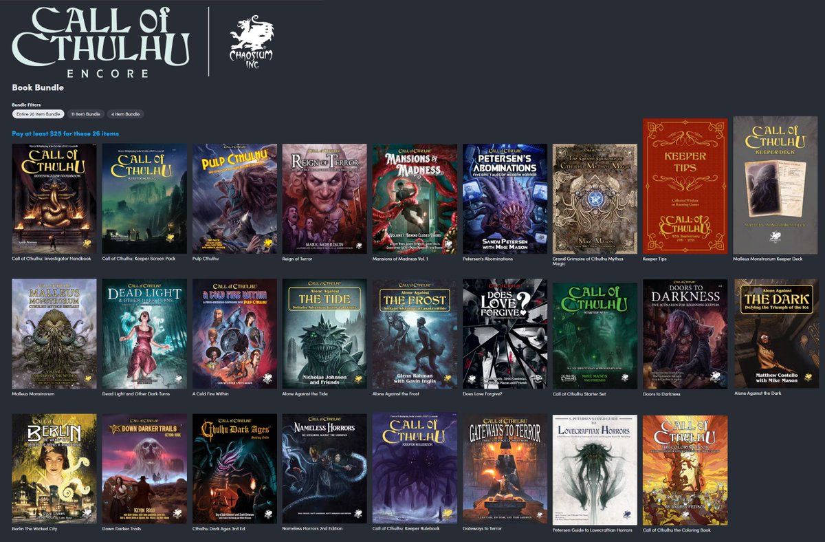 The Call of Cthulhu Humble Bundle is freakin fantastic! 25 books for $25, including the Core Rulebook, Starter Set, Pulp Cthulhu, Investigators Guide, and a bunch of settings &amp; adventures.
humblebundle.com/books/call-cth…