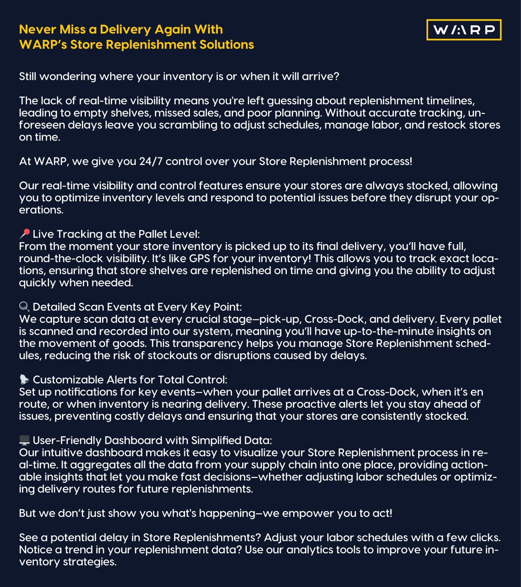 warptechco's tweet photo. Never Miss a Delivery Again With WARP’s Store Replenishment Solutions
Ready to take the wheel of your logistics operations?
Contact Us: https://t.co/v43qxmztZz
#technology #middlemile #logistics #supplychain #crossdock #freighttech #storereplenishment #supplychaintech https://t.co/oviiGXB7Sh