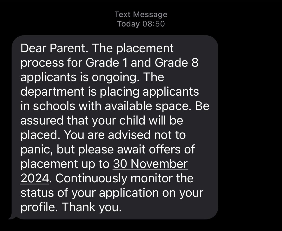 googles_90's tweet photo. @DBE_SA @EducationGP1 Utter disrespect from GDE. We show up at the offices as instructed and then get this sms while in the line. At the Benoni office we were told to be patient until 30 October, now the sms says 30 Nov. So when must parents buy stationery and uniform? https://t.co/nLRFuRPYGw