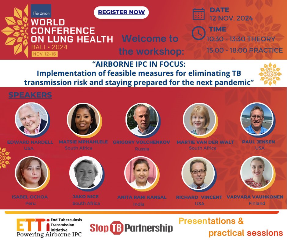 Want to learn more about AIRBORNE PRECAUTIONS to prevent transmission of TB, COVID-19 and other infections with pandemic potential?
Join #UnionConf2024 a 6-hour workshop "Airborne IPC in focus" with theory and extensive practical exercises on 12 November.