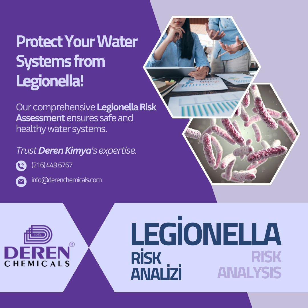 Deren Kimya (@derenkimya) on Twitter photo At Deren Kimya, we provide comprehensive Risk Assessment services to minimize the risk of Legionella in your water systems.
👉 What do we offer?
• Risk evaluation
• Sampling and analysis
• Training to raise awareness
• System disinfection
📩 info@derenchemicals.com At Deren Kimya, we provide comprehensive Risk Assessment services to minimize the risk of Legionella in your water systems.
👉 What do we offer?
• Risk evaluation
• Sampling and analysis
• Training to raise awareness
• System disinfection
📩 info@derenchemicals.com