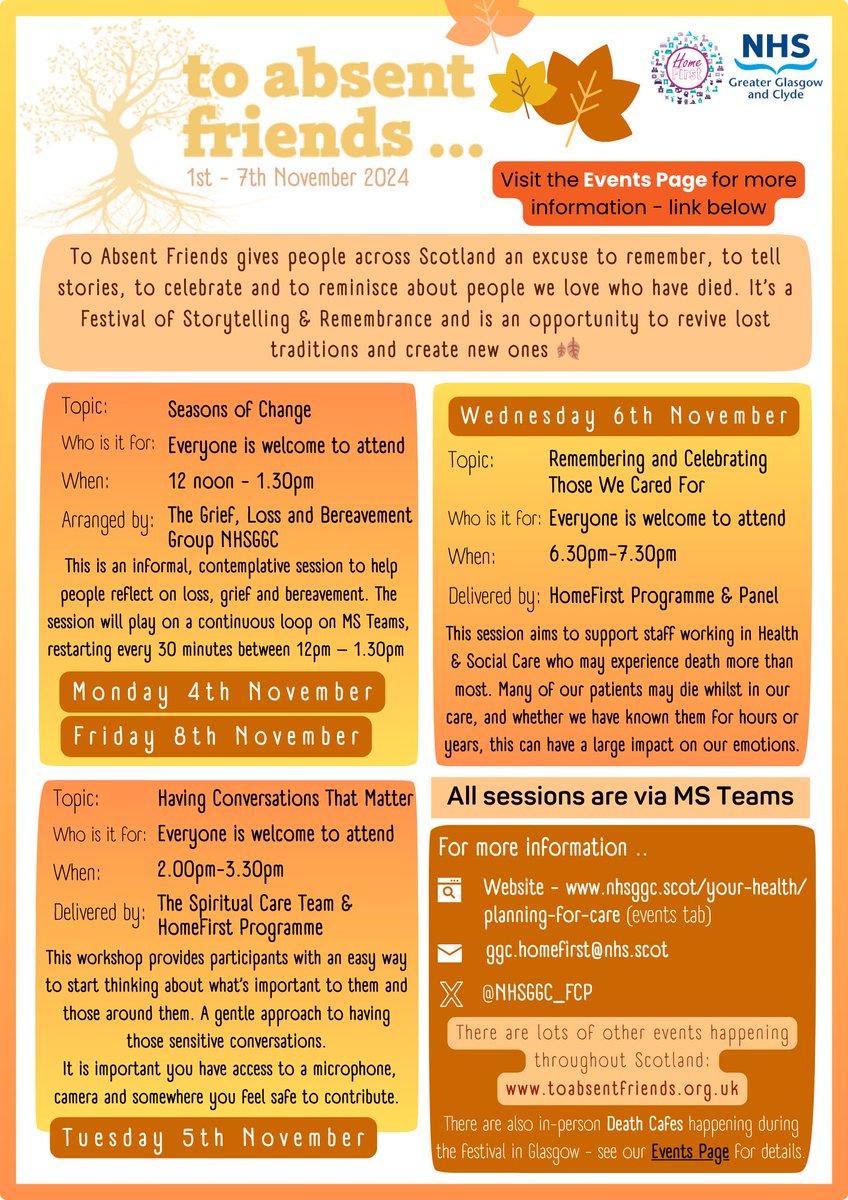 NHSGGC - Planning Your Care (@nhsggc_fcp) on Twitter photo Our #ToAbsentFriends Programme 2024 but remember you can watch previous events on our website 🖥 <a href="/EastDunHSCP/">East Dun HSCP</a> <a href="/GCHSCP/">Glasgow City HSCP</a> <a href="/WDCouncil/">West Dunbartonshire Council</a> <a href="/RenHSCP/">Renfrewshire Health and Social Care Partnership</a> <a href="/InverclydeHSCP/">Inverclyde HSCP</a> <a href="/erhscp/">East Renfrewshire Health & Social Care Partnership</a> @nhsggc <a href="/2AbsentFriends/">𝓣𝓸 𝓐𝓫𝓼𝓮𝓷𝓽 𝓕𝓻𝓲𝓮𝓷𝓭𝓼</a>
🍂 Our Events 👉 buff.ly/3RMLihl
🍂 To Absent Friends 👉 buff.ly/45UndZe Our #ToAbsentFriends Programme 2024 but remember you can watch previous events on our website 🖥 <a href="/EastDunHSCP/">East Dun HSCP</a> <a href="/GCHSCP/">Glasgow City HSCP</a> <a href="/WDCouncil/">West Dunbartonshire Council</a> <a href="/RenHSCP/">Renfrewshire Health and Social Care Partnership</a> <a href="/InverclydeHSCP/">Inverclyde HSCP</a> <a href="/erhscp/">East Renfrewshire Health & Social Care Partnership</a> @nhsggc <a href="/2AbsentFriends/">𝓣𝓸 𝓐𝓫𝓼𝓮𝓷𝓽 𝓕𝓻𝓲𝓮𝓷𝓭𝓼</a>
🍂 Our Events 👉 buff.ly/3RMLihl
🍂 To Absent Friends 👉 buff.ly/45UndZe