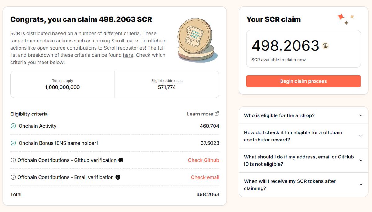 Ya se puede reclamar el airdrop de Scroll

claim.scroll.io

500 tokens por aquí (unos 700$)

Si queréis poder delegarme vuestros tokens: gov.scroll.io/delegates/0x5c…

El trading en los CEX empieza en 1h

Personalmente voy a vender una parte y delegaré 100 tokens para farmear
